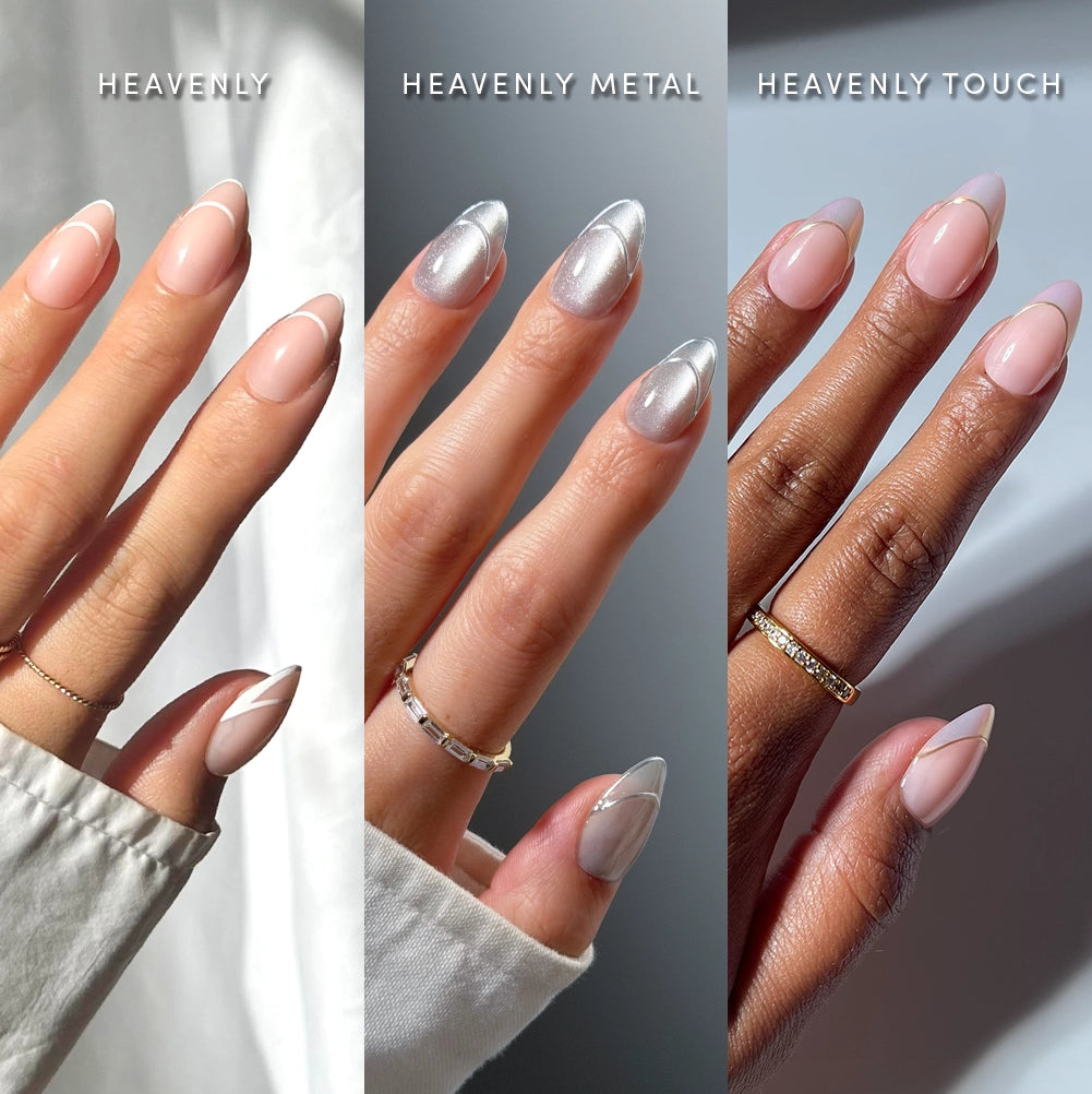 Three hands display manicures from glamnetic’s Heavenly Trio: the left features natural pink short almond press-on nails with crisp white French tips, the center showcases metallic silver-tipped nails, while the right hand wears soft pink nails with clear tips. Each hand has a unique skin tone and is adorned with delicate rings, highlighting the modern French tip styles of these salon-quality press-ons by glamnetic. - Product image