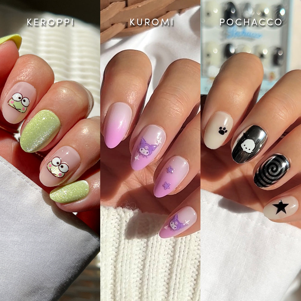 Three short oval vegan Hello Kitty® Crew press-on nail sets: Keroppi with green glitter, Kuromi with a pink ombre design and star charms, and Pochacco with monochrome icons including paw prints, stars, and a swirl pattern. - Product image