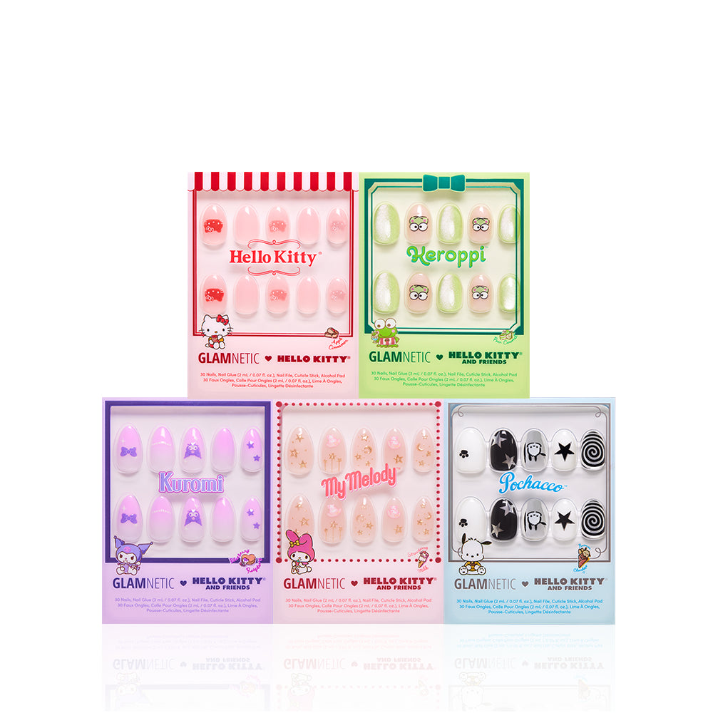 Five sets of Hello Kitty® & Friends Collection (2024) almond nail sets featuring Hello Kitty, Keroppi, Kuromi, My Melody, and Pochacco in individual window boxes. - Product image