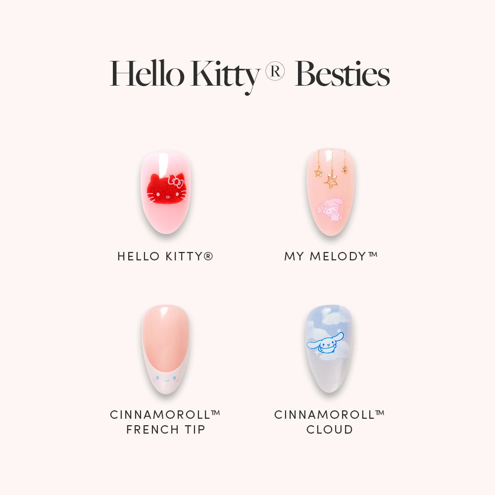 Four short almond press-on nails by glamnetic feature Hello Kitty in red, My Melody with pink stars, a pink and white Cinnamoroll French tip, and blue Cinnamoroll Cloud. Text reads “Hello Kitty® Besties” nail set.