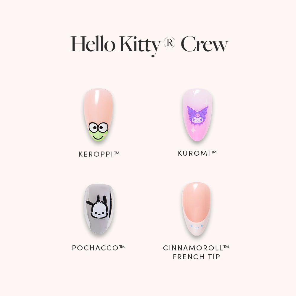 The glamnetic Hello Kitty® Crew set features four reusable vegan press-on nails with cute Keroppi, Kuromi, Pochacco, and Cinnamoroll French tip designs for a fun and stylish Sanrio look.