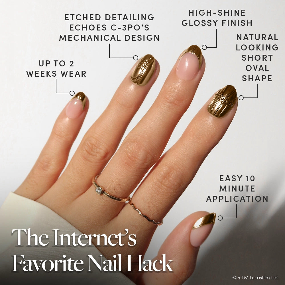 Help! I Think I’m Melting! - A hand with gold, glossy, oval-shaped glamnetic Help! I Think I’m Melting! STAR WARS press-on nails featuring etched C-3PO designs; text highlights up to two weeks of wear, a 10-minute application, and a high-shine finish.