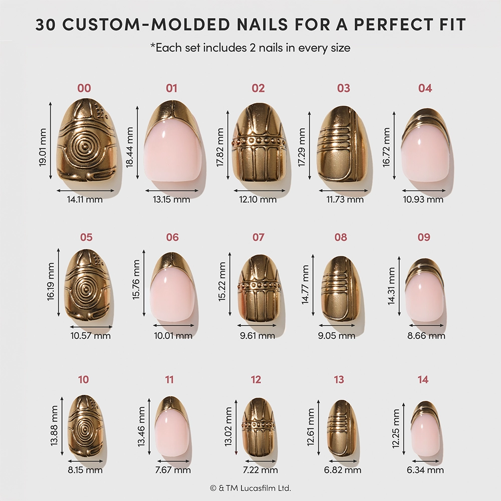 Help! I Think I’m Melting! - Fourteen sizes of custom-molded glamnetic “Help! I Think I’m Melting!” press-on nails are displayed in two rows, each nail labeled with its width and length in millimeters. Some nails feature gold foil and intricate accents reminiscent of C-3PO press-on nails, while others are plain pink.