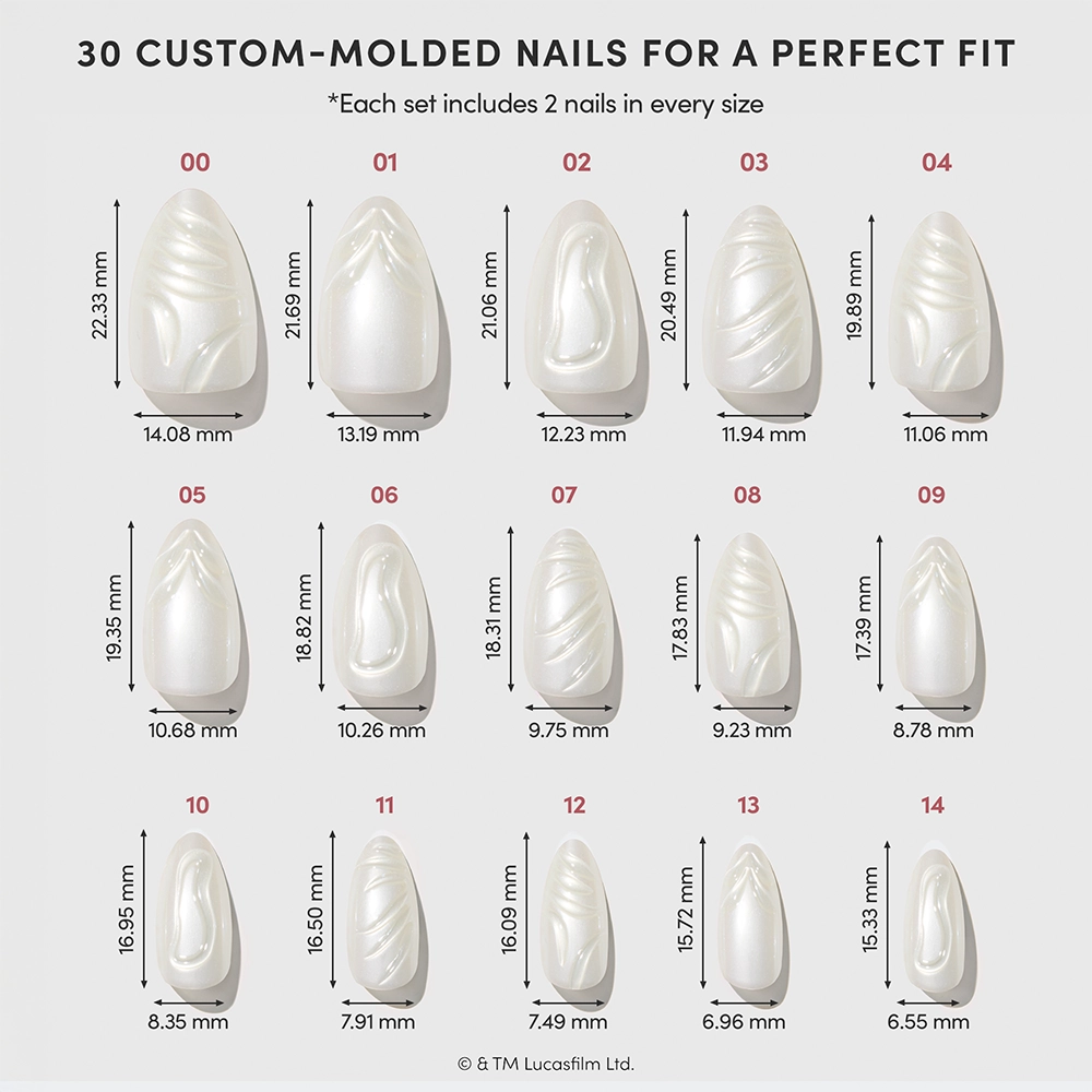 Help Me, Obi-Wan - A chart displays 15 pairs of “Help Me, Obi-Wan” custom-molded, pearl press-on nails from glamnetic, featuring a pearlescent chrome glaze and each labeled with its length and width in millimeters. Text reads: 30 Custom-Molded Nails for a Perfect Fit. © & TM Lucasfilm Ltd. Add galactic style to your look with STAR WARS short almond-shaped press-on nails.