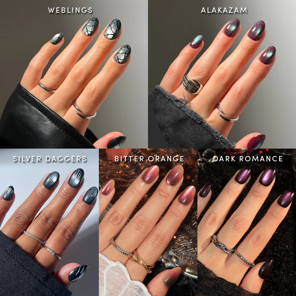 A collage of five hands flaunts various Hexed Ovals designs by glamnetic—Weblings (spiderweb art), Alakazam (green-purple magnetic), Silver Daggers (metallic grey with charms), Bitter Orange (warm magnetic), and Dark Romance (deep purple magnetic)—each showcased on short oval press-on nails for a chic, effortless look. Discover this stunning nail art bundle featuring velvet finish press-ons from glamnetic’s Hexed Ovals collection that combine style and convenience.