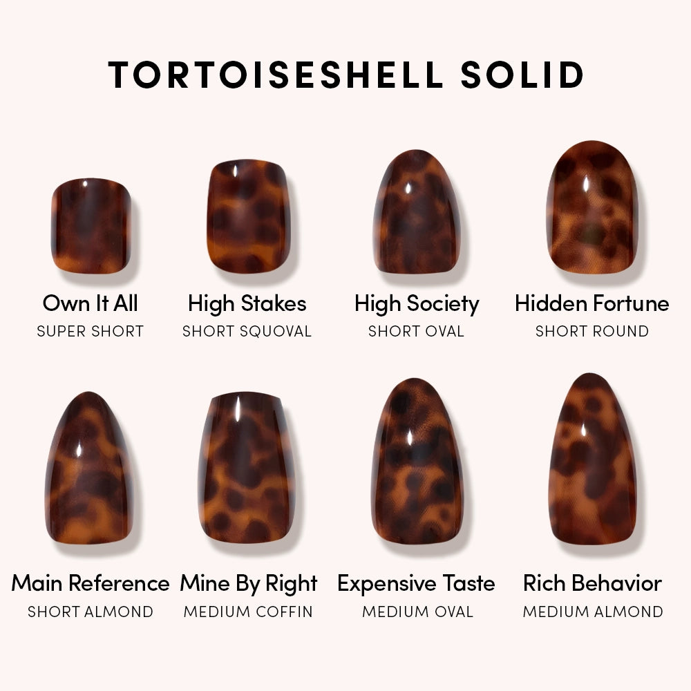 Eight artificial nails in glamnetic’s Hidden Fortune set showcase unique tortoiseshell press-on designs in almond, coffin, oval, and short round shapes, each labeled for a salon-quality manicure on a light background. - Product image