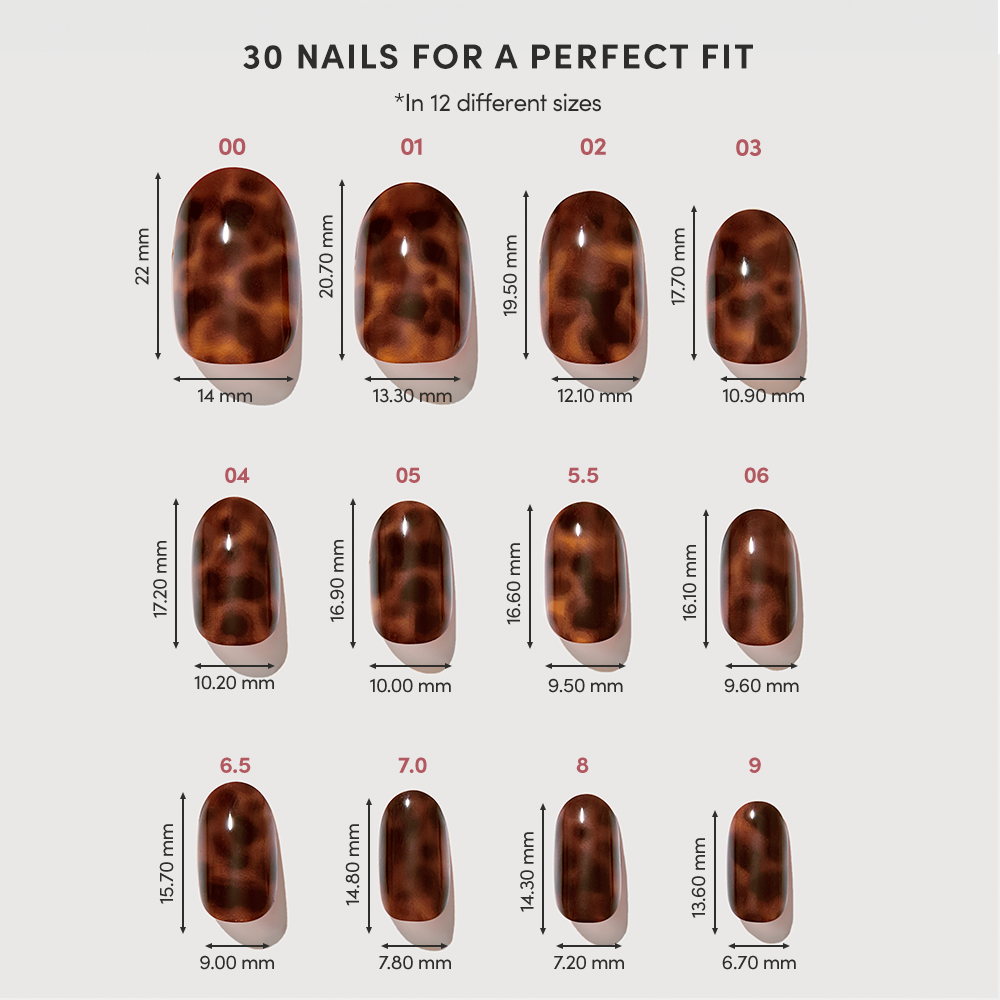 A set of 12 short round tortoiseshell press-on nails from glamnetic’s Hidden Fortune collection, sized 00–9 with mm dimensions, is displayed under "30 Nails for a Perfect Fit" on a light background for salon-quality manicures. - Product image