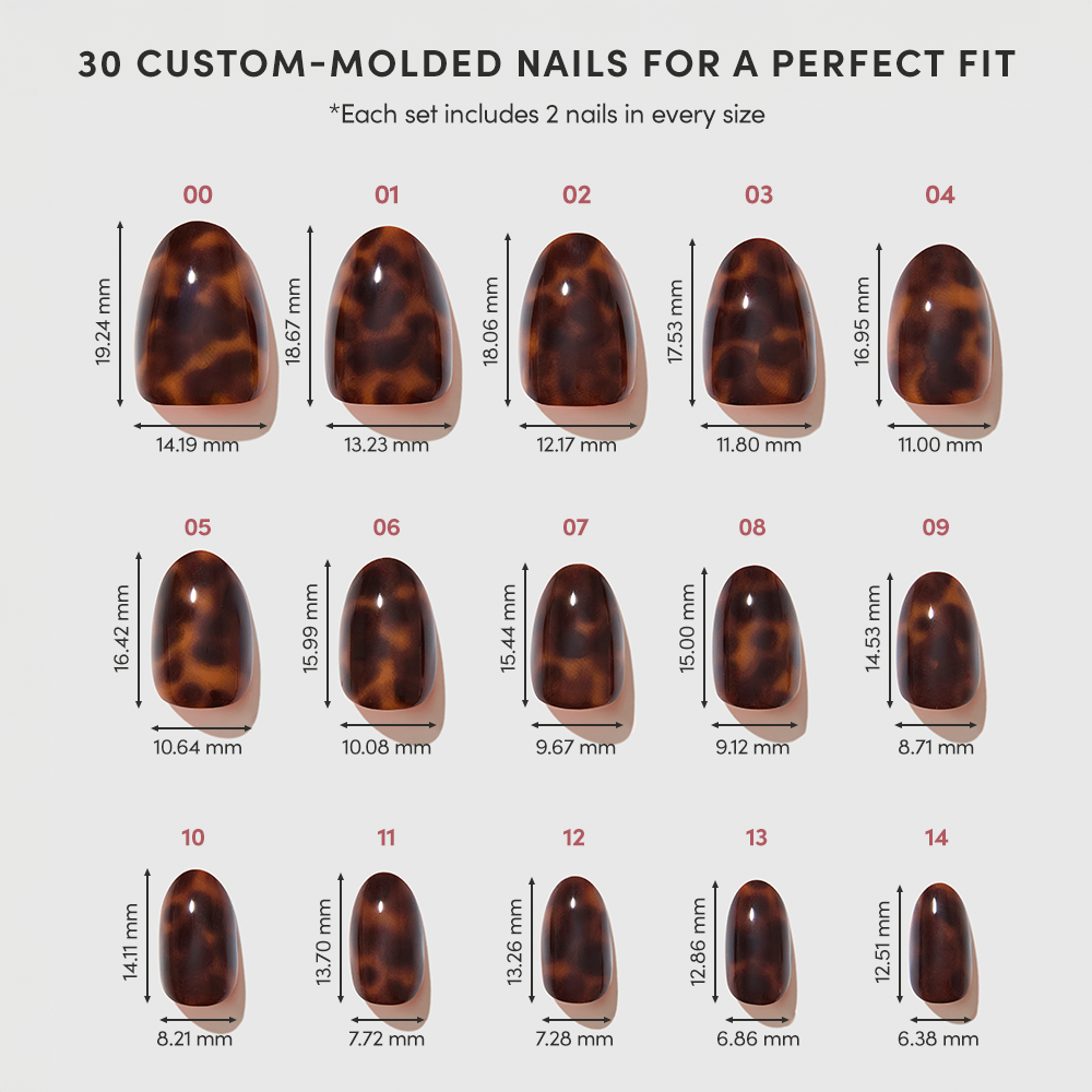 The glamnetic High Society set includes 15 salon-quality short oval tortoiseshell press-on nails, labeled 00–14 with precise mm measurements for custom fit. - Product image