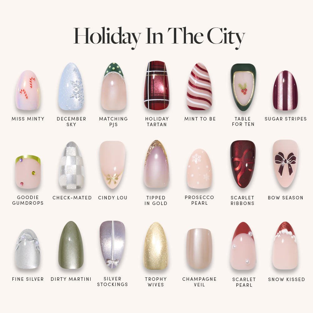 Glamnetic’s Holiday In The City collection features twenty holiday-themed press-on manicure designs displayed on nail tips, each showcasing unique patterns like stripes, plaid, bows, shimmer finishes, and festive hues of red, green, gold, white, and pink—all with creative names—making it easy to achieve a salon-quality manicure at home.