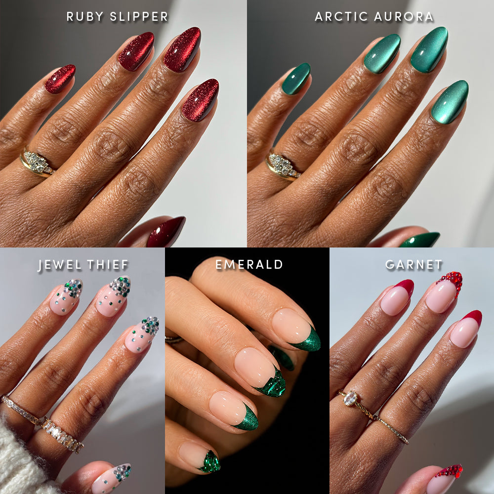 A grid of five hands showcasing The Holiday Jewel Box by Glamnetic, featuring red glitter, metallic green jewel tone nails, neutral bases with rhinestones, green French tips, and red French tips with crystal accents.
