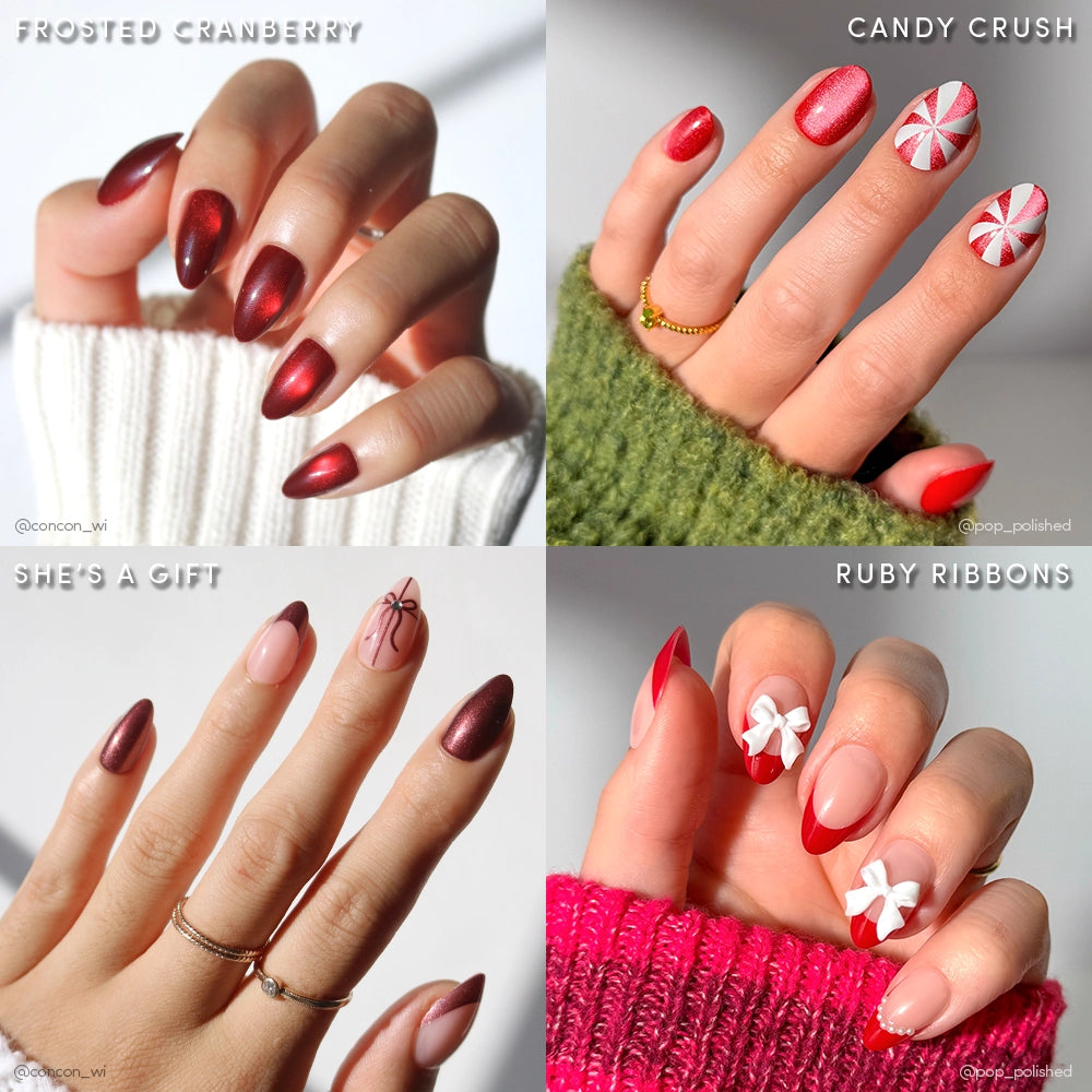 A collage of four festive nails from glamnetic’s Holiday Red-y set—featuring cranberry metallic, peppermint red, shimmery burgundy with a bow accent, and nude with red tips—perfect for holiday nail or 3D art inspiration.