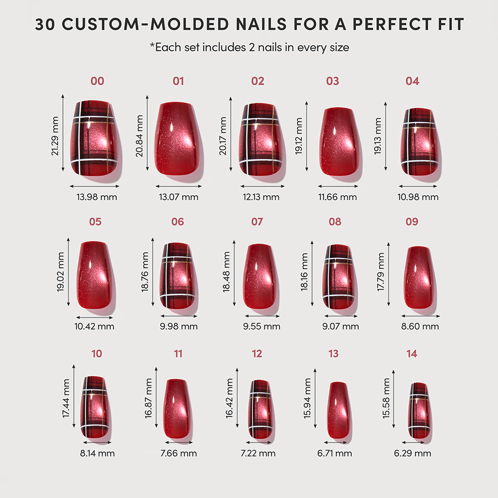 30 red, medium-sized, custom-molded coffin press-on nails by glamnetic in the Holiday Tartan design, featuring black and gold plaid accents. The nails are arranged by size and labeled from 00 to 14, with each row displaying nails above their respective height and width measurements. Text above details the set contents, highlighting these Holiday Tartan Press-On Nails as a perfect festive choice. - Product image