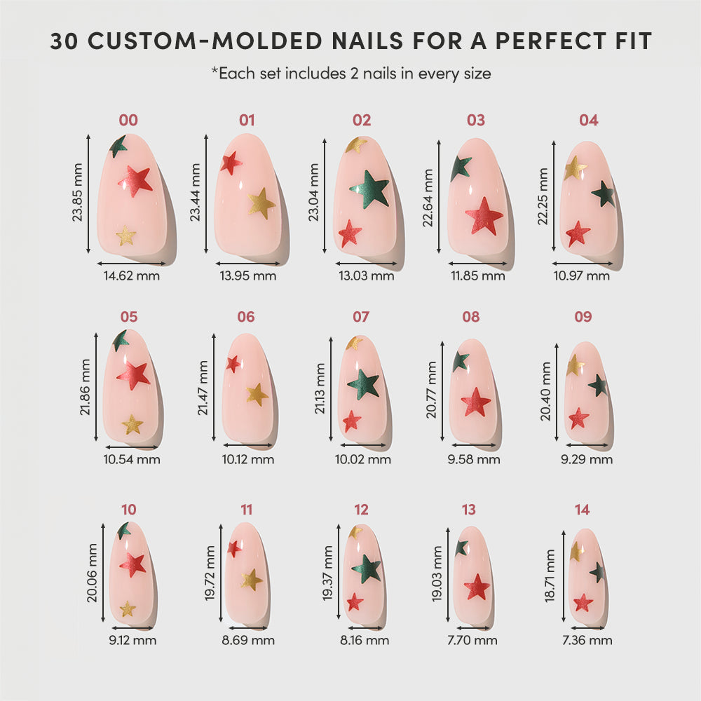 Holiday Wish - A chart showing 15 sizes of Glamnetic Holiday Wish almond-shaped press-on nails, each decorated with small green and red star icons and labeled with specific length and width measurements.