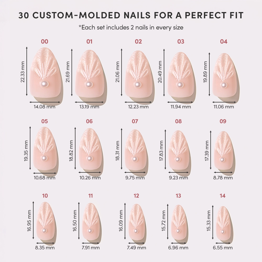 The glamnetic Honeymoon Nail Set features 15 custom-molded pink nails with white leaf design and pearl accents, sized with width and length in mm. Each set includes 2 nails per size for a perfect fit. - Product image