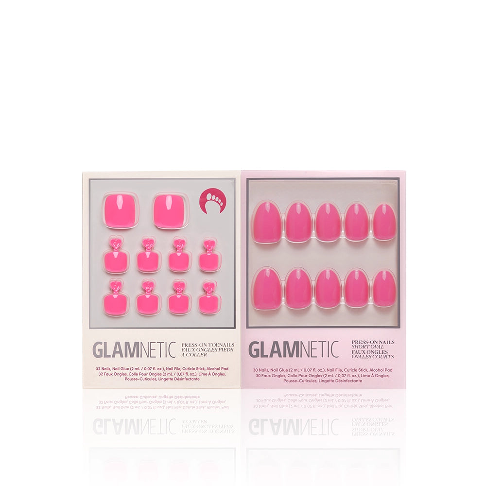 Two sets of glamnetic Hot Pink Mani & Pedi press-on nails in pink packaging: square-shaped on the left and oval-shaped on the right. Both offer bold hot pink nails, perfect for a striking mani pedi look. - Product image