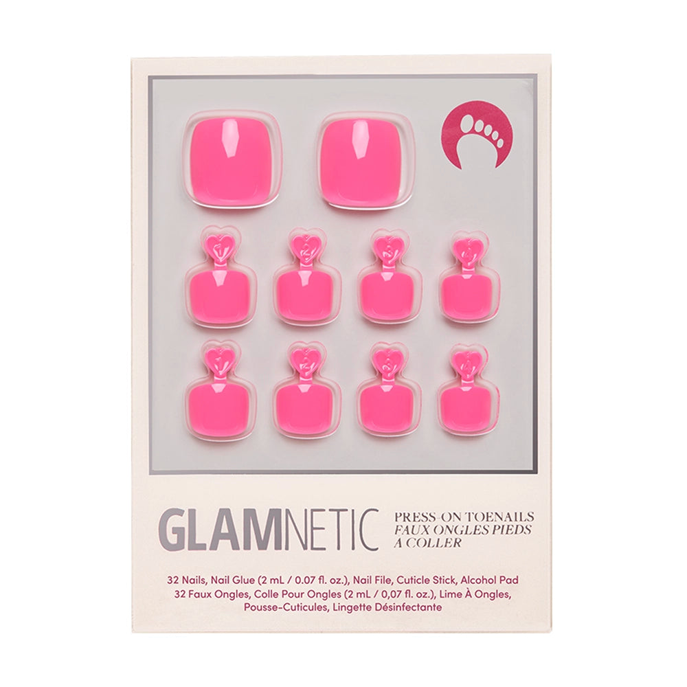 The glamnetic Hot Pink Toenail set features glossy press-on toenails in a clear tray on white packaging for a salon-quality pedicure at home. Includes nail glue, cuticle stick, alcohol pad, and instructions.