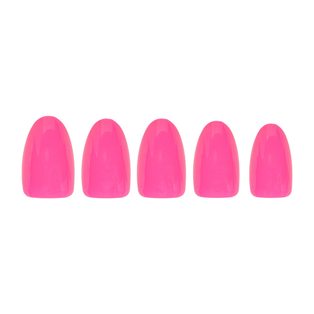 Five Hot Pink artificial nails by glamnetic, in a glossy finish and short oval shape for long-lasting wear, are arranged side by side on a white background. - Product image