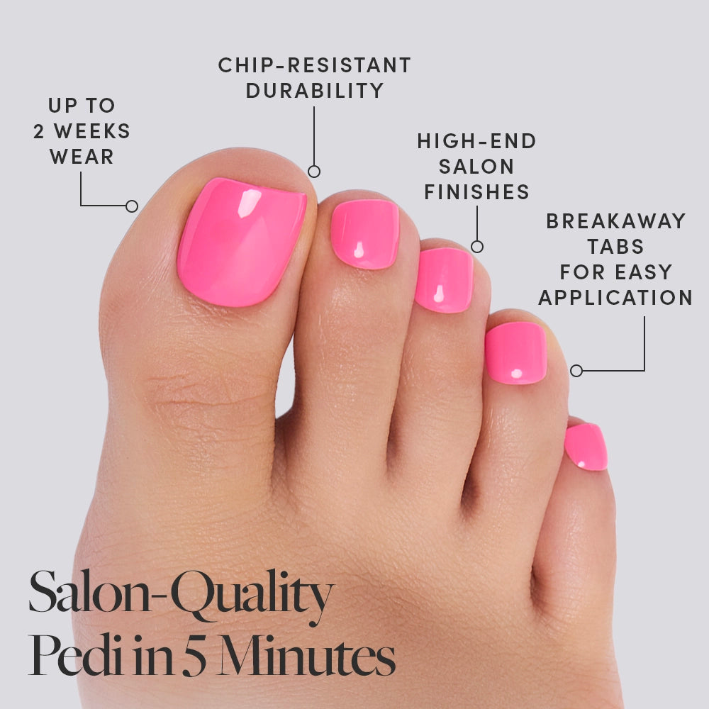 A close-up of toes with glamnetic Hot Pink Toenails, featuring up to 2 weeks’ wear, chip-resistant durability, salon-quality finish, and breakaway tabs for easy application. Text: Salon-Quality Pedi in 5 Minutes. - Product image