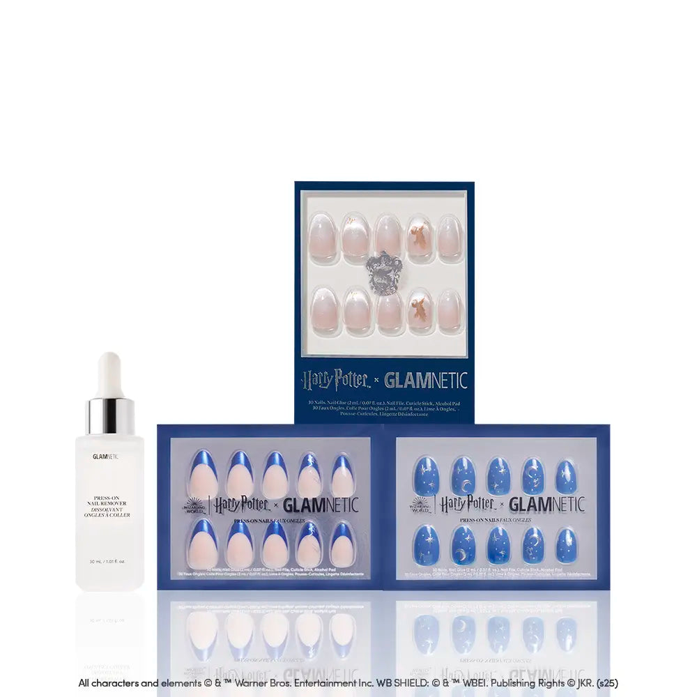 The glamnetic House Ravenclaw™ nail set and a bottle of nail serum are displayed on a white background, featuring blue Ravenclaw nails and nude designs with themed accents in rectangular packaging. - Product image