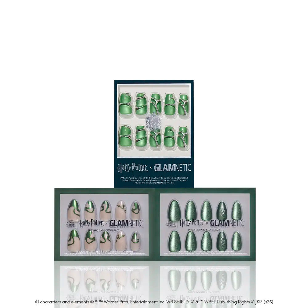 Glamnetic’s House Slytherin™ set includes three boxes of press-on nails with emerald green velvet and silver serpent designs, inspired by Slytherin and displayed against a white background. - Product image