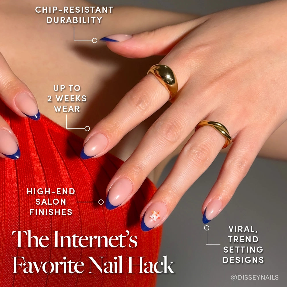 A close-up of manicured hands shows stylish, glossy glamnetic Houston Astros Press-On Nails in nude, blue, and orange. Text highlights chip-resistant durability, up to 2 weeks wear, salon finish, and viral trendy nail designs. - Product image