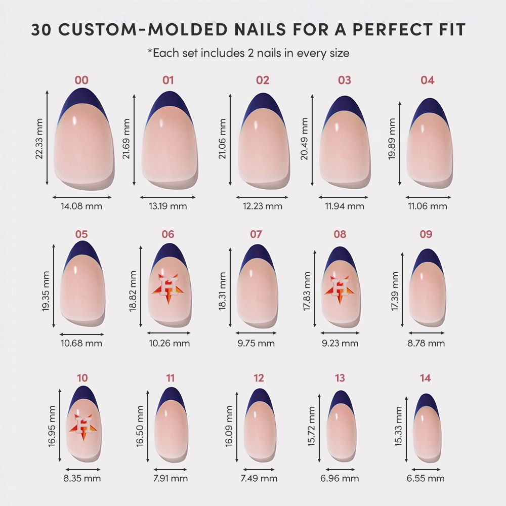 A chart displaying 15 sizes of the glamnetic Houston Astros Press-On Nail Set, each numbered with millimeter dimensions. Designs include blue tips, plain styles, and red star patterns inspired by the Astros collection. - Product image