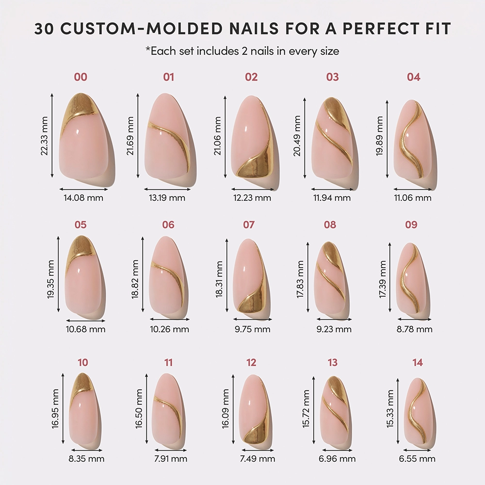 Visual size guide of the "I Am A Rich Man?" press-on nails. Each of the 15 sizes (two of each for a total of 30 nails) is displayed with precise width and length dimensions, featuring signature pink and gold wave designs.

 - Product image