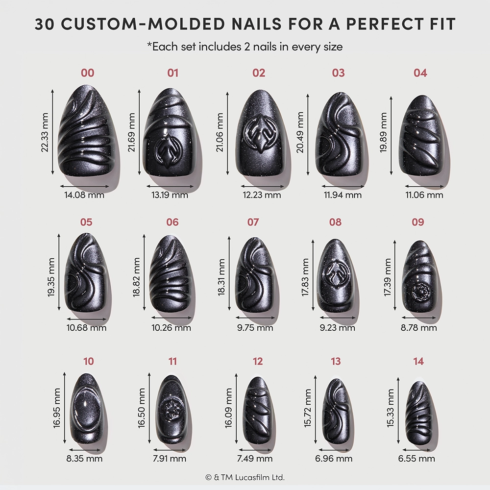 I Am Your Father - A set of 15 black custom-molded “I Am Your Father” Star Wars press-on nails by glamnetic, each featuring unique patterns and shown with precise width and length measurements, labeled from 01 to 15 against a white background.