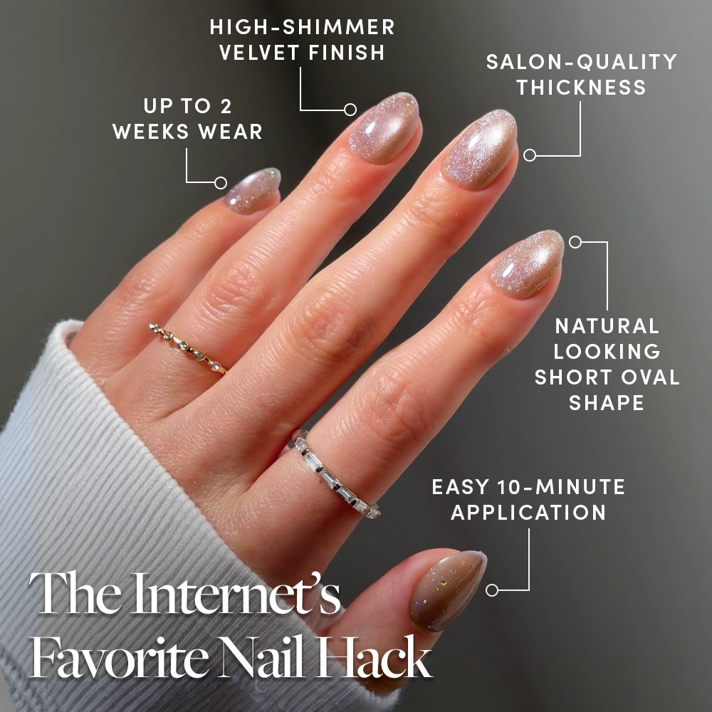 A hand with sparkly, oval-shaped nails is labeled with features: high-shimmer velvet finish, up to 2 weeks wear, salon-quality thickness, natural-looking short oval shape, and easy 10-minute application. glamnetic’s Iced Latte press-on nails deliver the perfect nude mani in minutes. Text reads: The Internet’s Favorite Nail Hack. - Product image