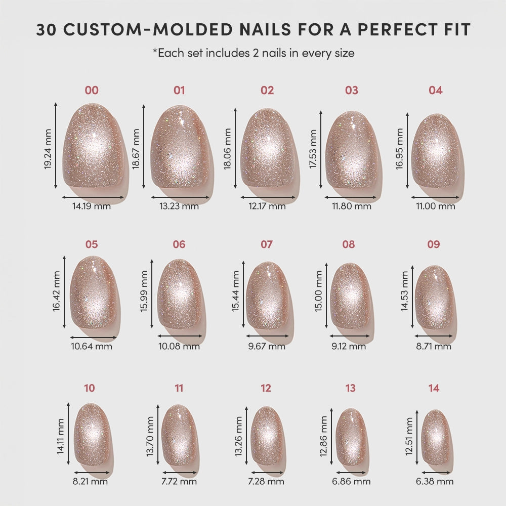 The “Iced Latte” press-on nails by glamnetic feature fifteen sizes of glittery, almond-shaped nails, each with detailed width and height measurements in millimeters. Every row displays the various nail sizes, labeled from 00 to 14, with two Iced Latte press-ons of each size included per set—making it easy to achieve a flawless nude mani or classic short oval look that’s perfectly tailored to your fit. - Product image