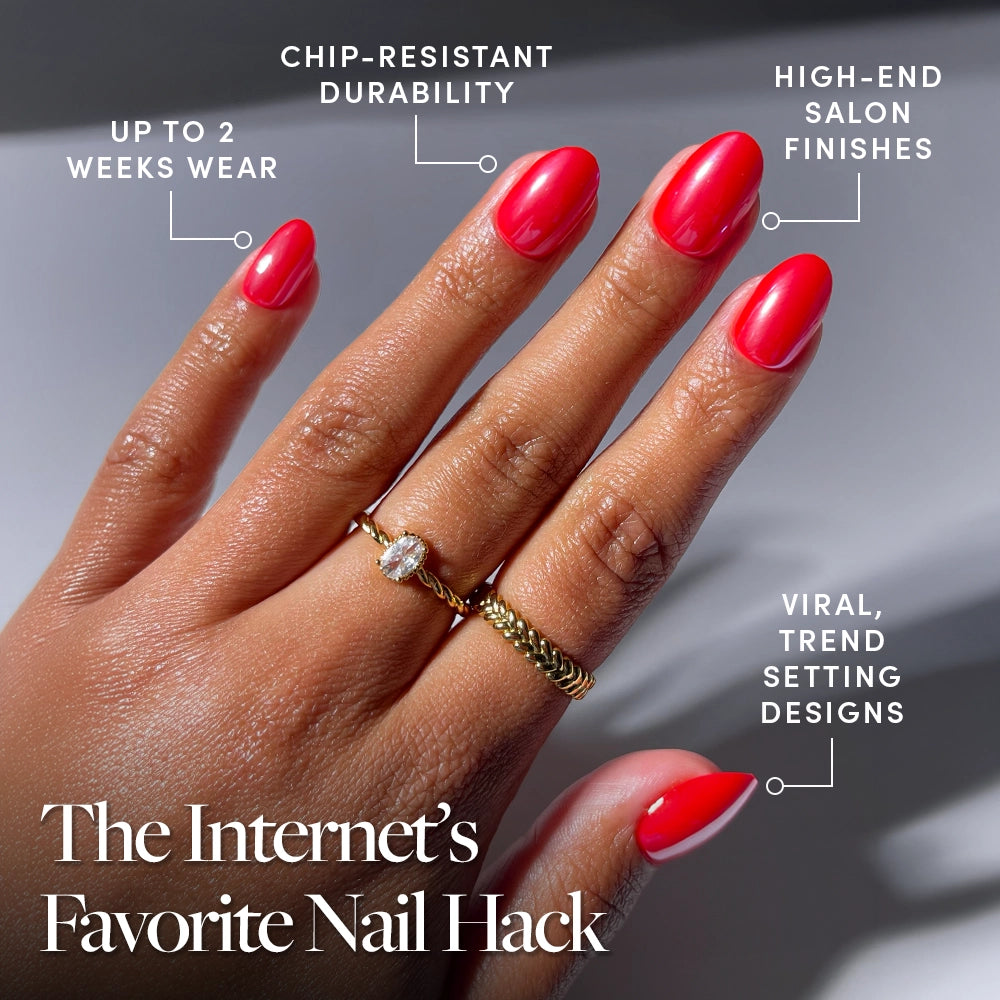 A hand with glamnetic Icon Red press-on nails is shown, wearing two gold rings. Text highlights up to 2 weeks wear, chip-resistant durability, salon-quality finish, and trending nail designs. - Product image