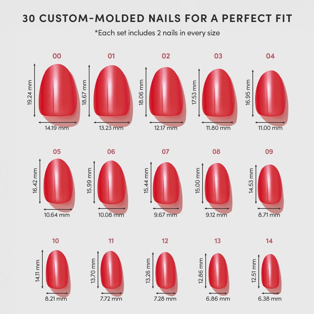 The glamnetic Icon Red set includes 30 short oval press-on nails in various sizes, each labeled with precise width and length in millimeters, arranged in two rows on a white background. - Product image