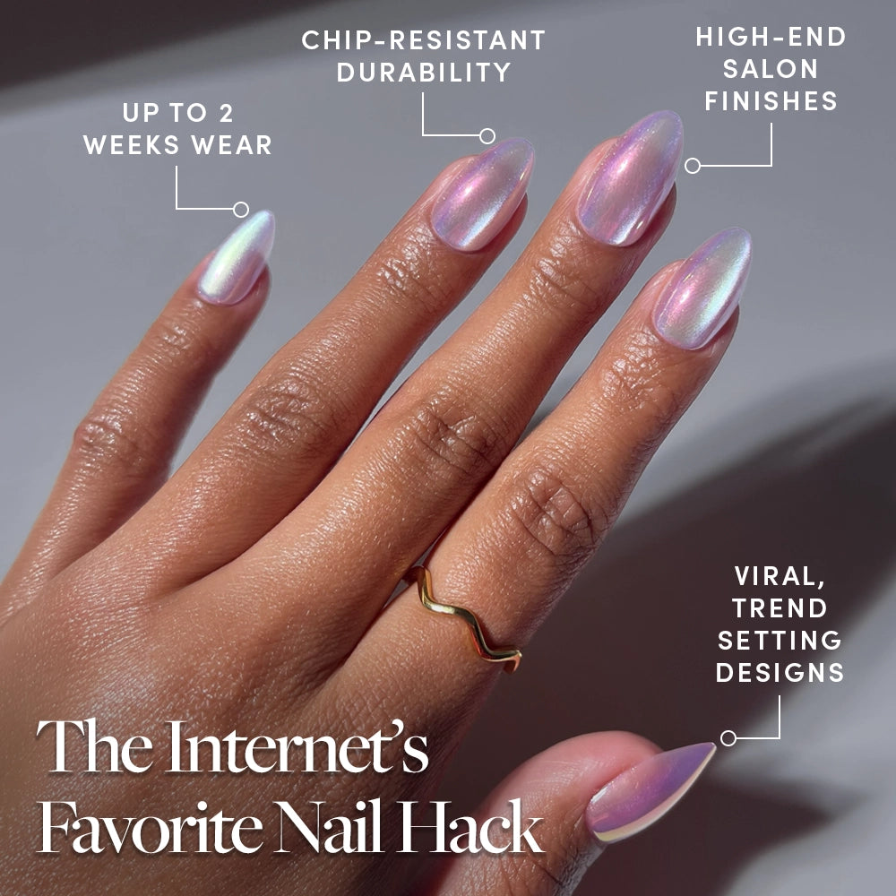 A hand with pearlescent, short almond glamnetic Iconic Oyster press-on nails is displayed, boasting up to 2 weeks wear, chip-resistant durability, salon-quality finish, and viral designs. Text: The Internet’s Favorite Nail Hack. - Product image