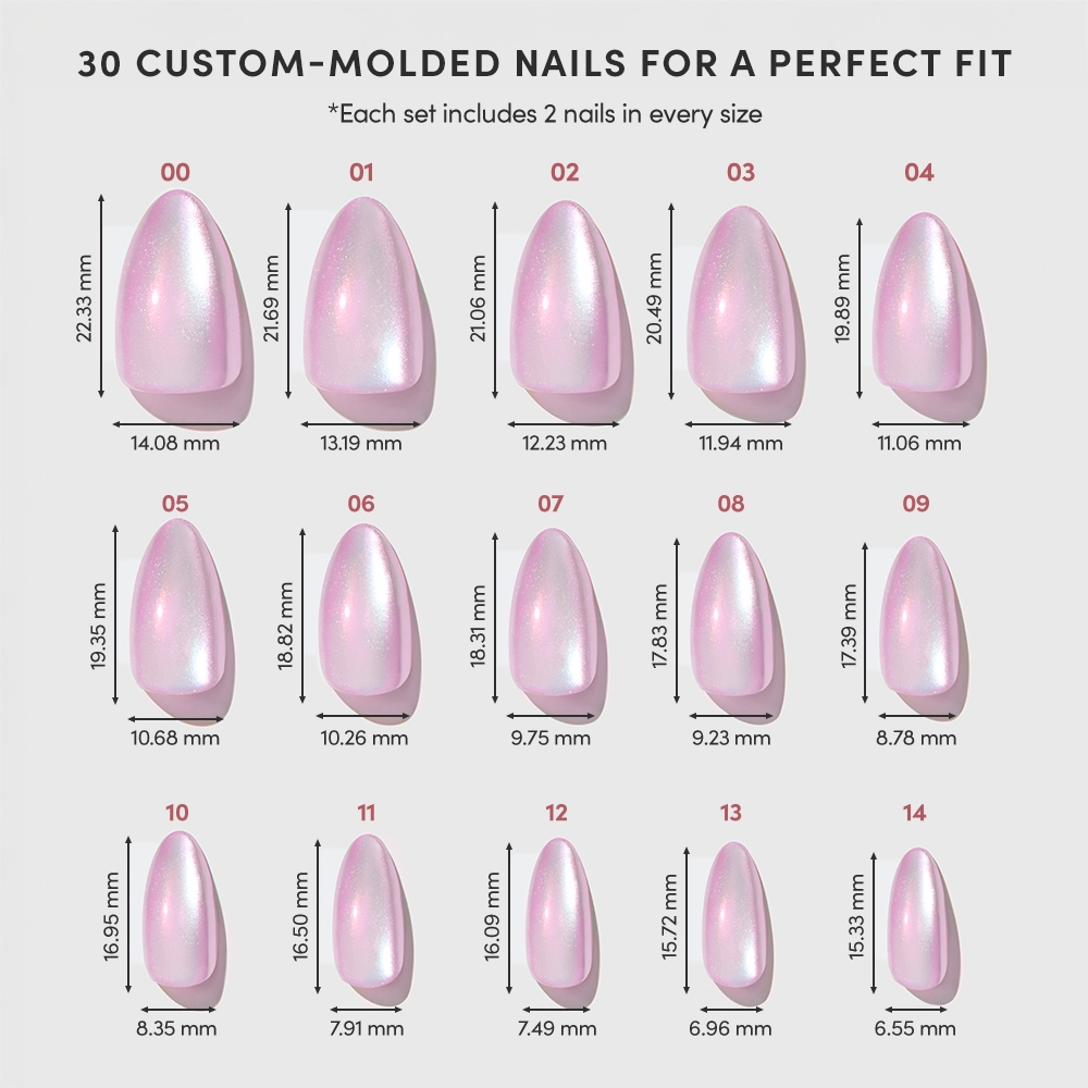 A chart displays 15 sizes of glamnetic’s Iconic Oyster pearlescent velvet nails, with each nail’s width and length in millimeters. Each set includes 2 short almond nails per size for a custom-molded fit. - Product image