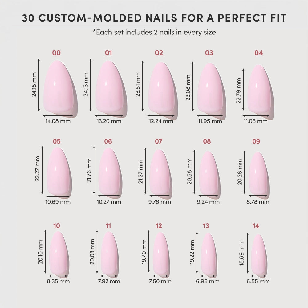 A chart showing 15 different sizes of glamnetic's Iconic Pink glossy almond press-on nails, each labeled with a number and millimeter dimensions for width (widest point) and length. - Product image