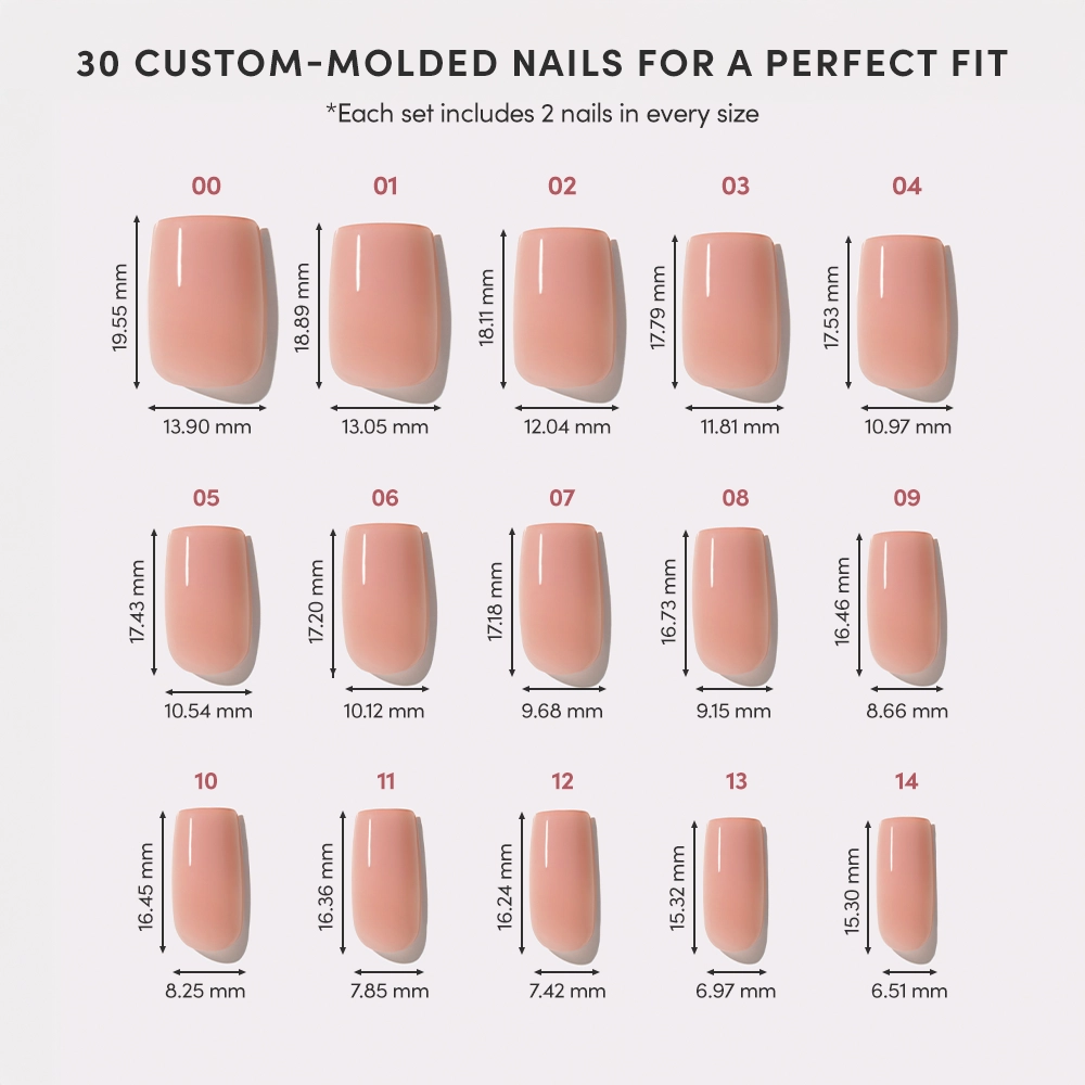 A chart showcases 14 sizes of glamnetic’s In The Nude custom-molded artificial nails in a nude-pink ombré. Each nail is labeled with height and width (mm), arranged in two rows on a light background for a minimalist look. - Product image