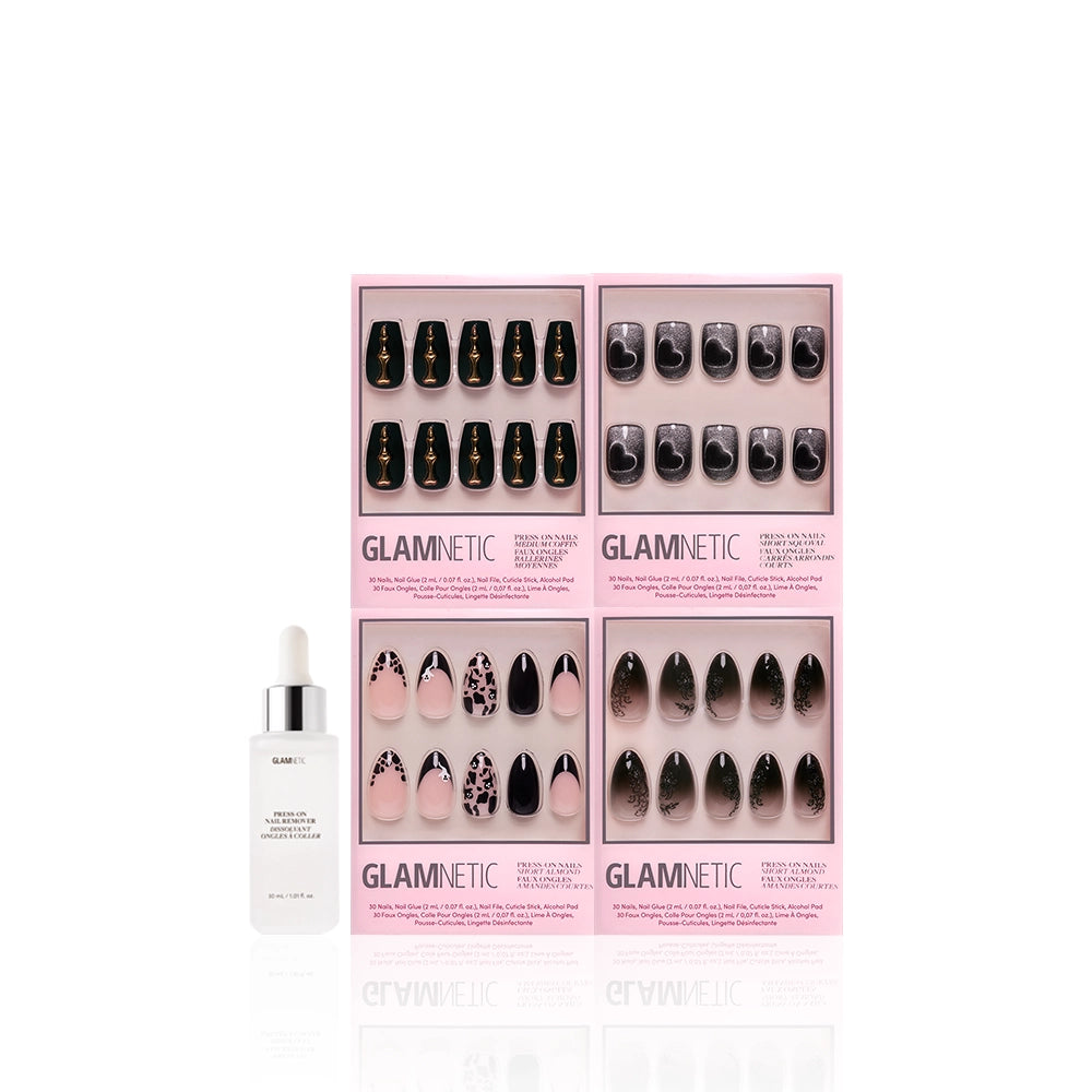 Four boxes of glamnetic In The Shadows coffin nail art in black and pink designs are arranged in a grid, with a bottle of nail glue on the left, all set against a white background. - Product image