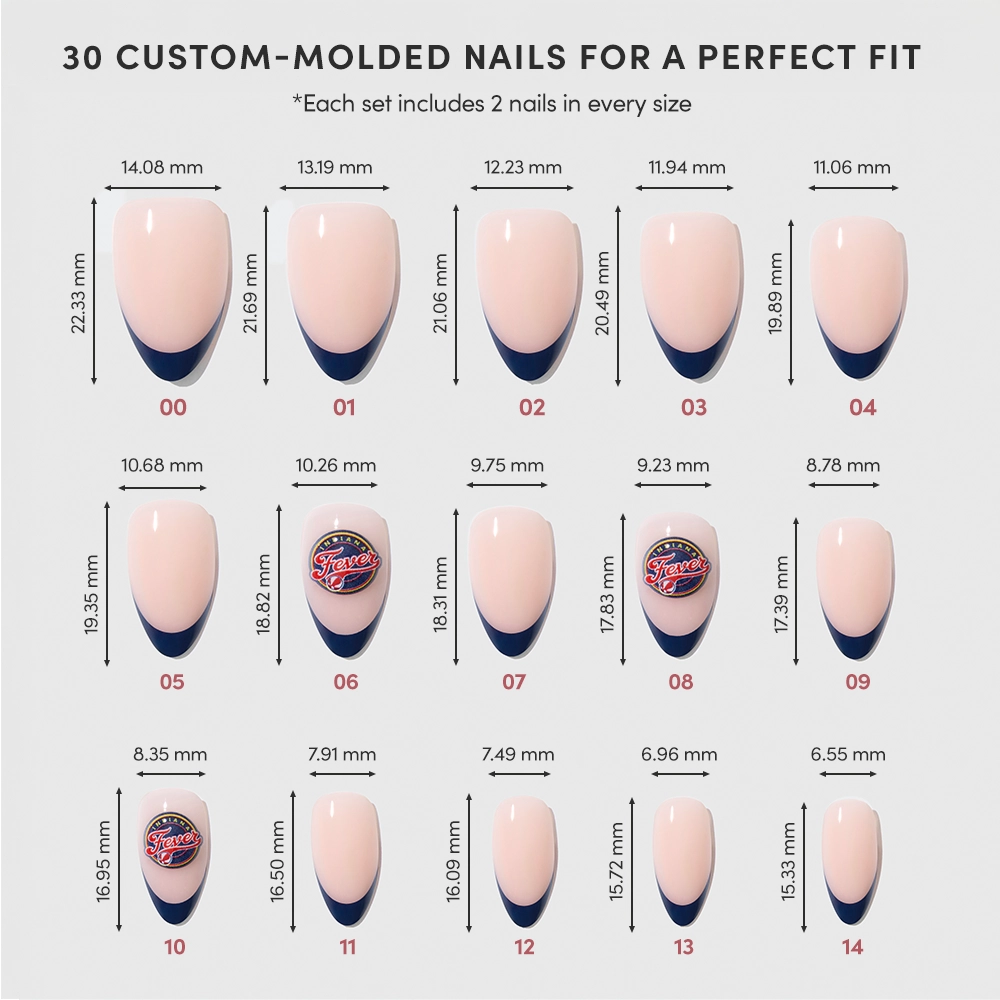 A chart displays 15 sizes of glamnetic Indiana Fever Press-On Nails, each numbered 00-14 with width and height in millimeters. Every nail features a light pink base and dark blue French tip design for salon-quality results. - Product image