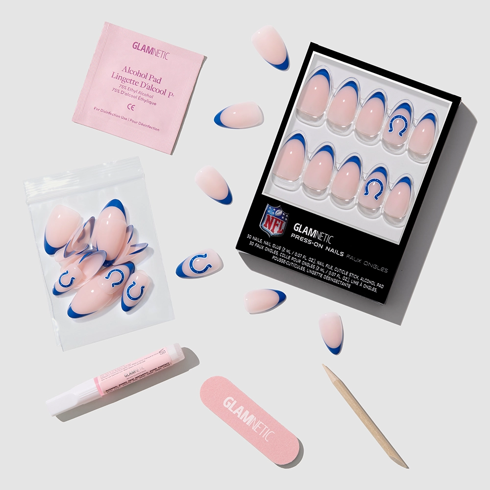 Show your team spirit with the glamnetic Indianapolis Colts Press-On Nail Set! Includes press-on nails in team colors and logo, nail file, pink alcohol pad, cuticle stick, glue, and extra nails—everything for a perfect fan manicure. - Product image
