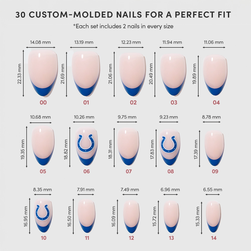 A chart displays the glamnetic Indianapolis Colts Press-On Nail Set, featuring 15 custom-molded nails in sizes 01–15 with pink beds and blue French tips. Each nail’s width and length are shown above and beside the images. - Product image
