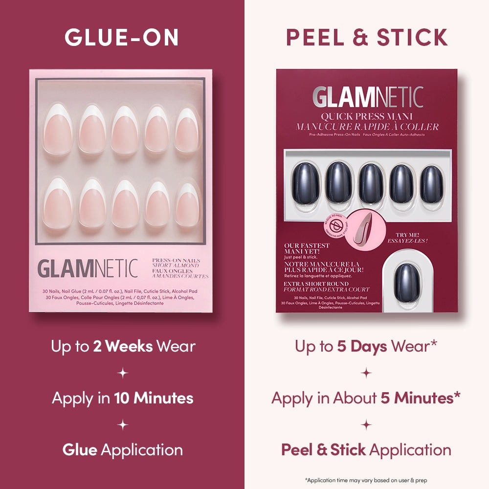 Comparison of glamnetic nail kits. Left: Glue-on French tip press-on nails (2-week wear, 10-minute application). Right: Ink Spell peel & stick no-glue nails in a dark shade (5-day wear, 5-minute application). Both sets include 30 nails, file, cuticle stick, and alcohol pad. - Product image