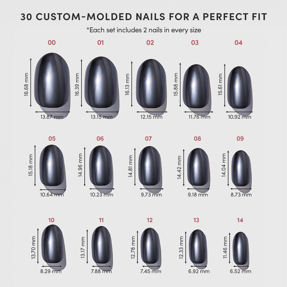 A chart displays 15 sizes of glamnetic Ink Spell custom-molded press-on nails, each with length and width measurements in millimeters. Every set includes two nails of each size for a total of 30 press-on nails, arranged from largest to smallest. - Product image
