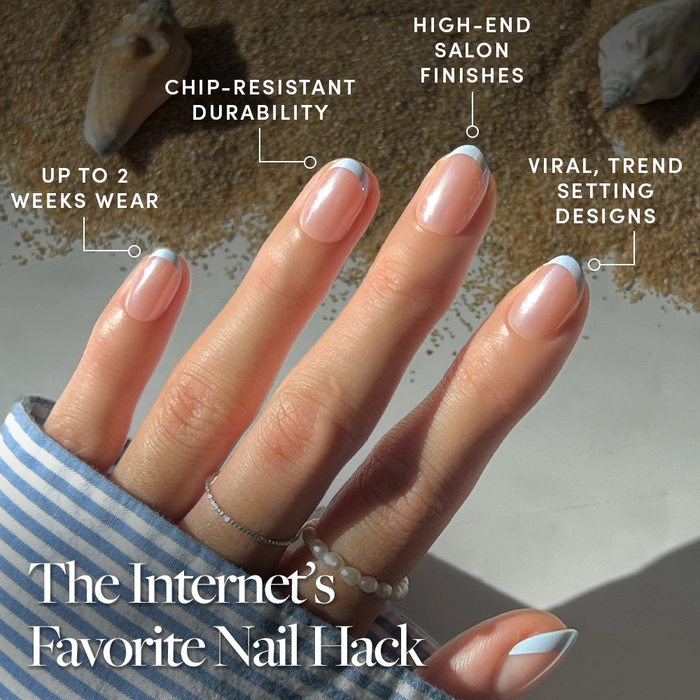 A hand with glamnetics Into Blue press-on nails, featuring salon-quality periwinkle micro French tips, rests on sand. Overlay text highlights up to 2 weeks wear, chip-resistant durability, high-end finishes, and trendy designs. - Product image