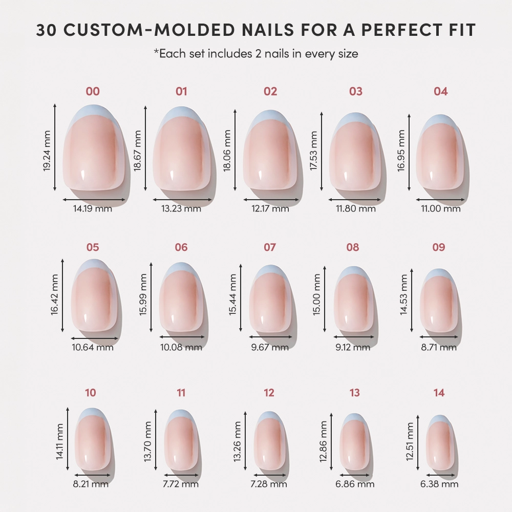 Chart of 15 custom-molded Into Blue press-on nails by glamnetic, labeled 00–14, showing each nail’s width and height in millimeters—30 salon-quality nails in various sizes for a perfect, periwinkle micro French tip fit. - Product image
