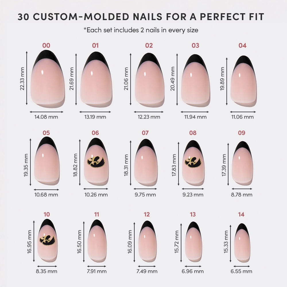 The glamnetic Iowa Hawkeyes Press-On Nail Set features a chart of 15 custom-molded sizes, each labeled with length and width in millimeters, and includes nude bases, black French tips, and gold accents. - Product image