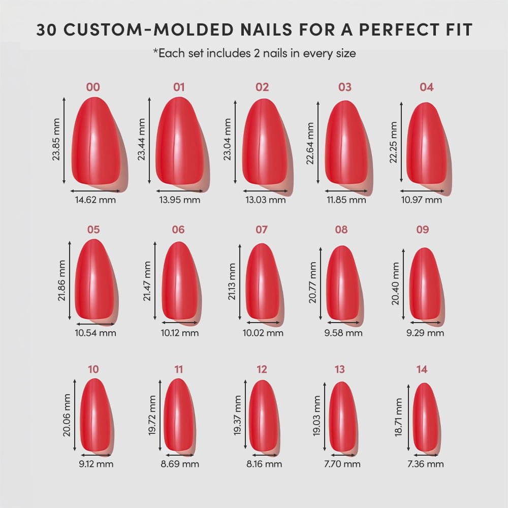 A chart shows 15 pairs of It-Girl Red Press-On Nails by glamnetic in various sizes, each labeled with numbers and millimeter measurements, offering 30 cruelty-free, custom-molded nails for a salon-quality fit. - Product image