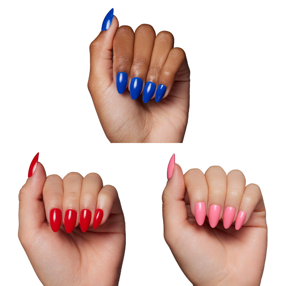 Three hands with long, almond-shaped nails in bold shades from glamnetics It Girl Summer: Cobalt Blue (top), Fiery Red (bottom left), and Flamingo Pink (bottom right), all against a crisp white background. - Product image