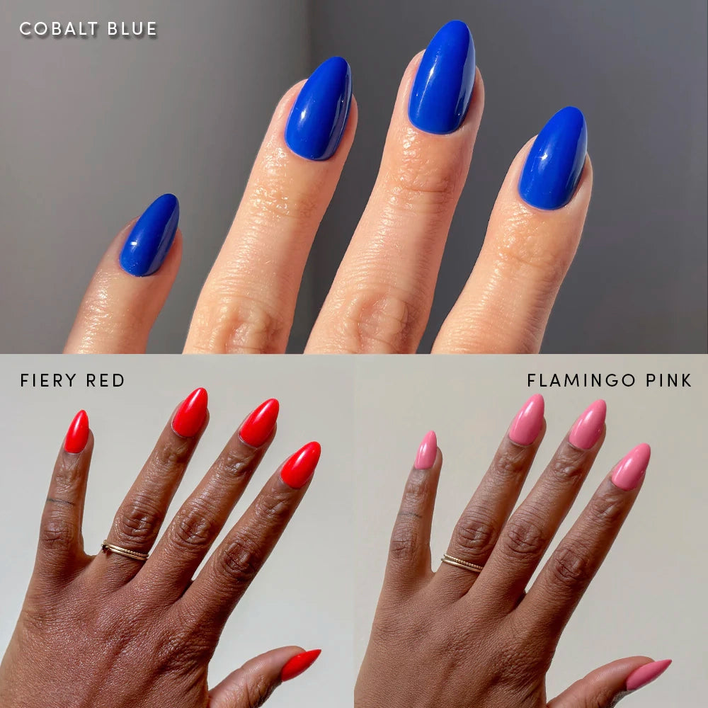 Three manicured hands—one in cobalt blue, one in fiery red, and one in flamingo pink—each with a different skin tone and labeled with the nail shade, display glamnetic’s It Girl Summer bundle. This vibrant press-on nail set is perfect for showing off bold summer colors.