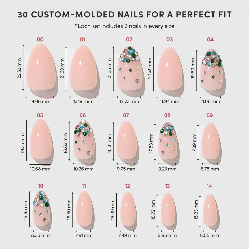Jewel Thief - Fifteen almond Jewel Thief nails by glamnetic in varying sizes, including solid light pink and rhinestone-accented styles, each labeled with a number and precise height and width measurements.