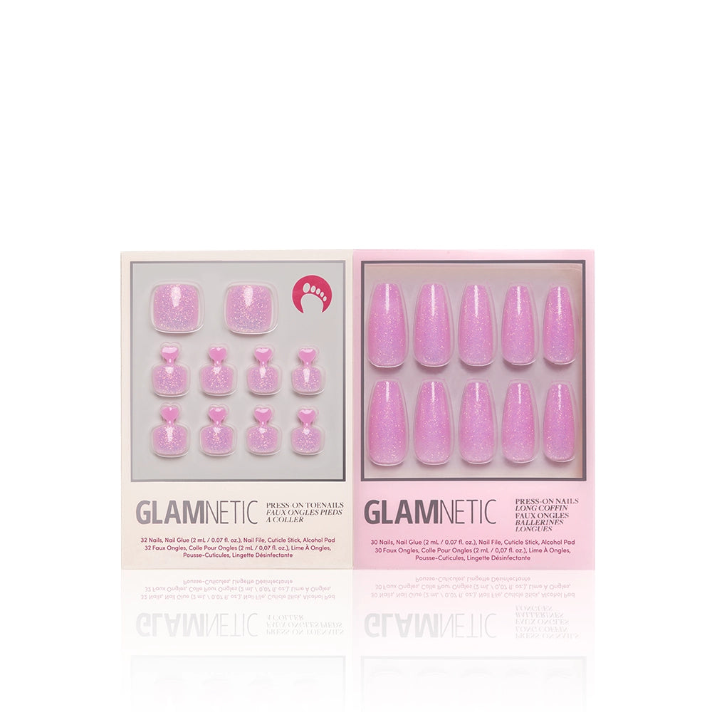 Two boxed sets of glamnetic Juicy Mani & Pedi nails are shown on a white background: the left features short, square pink sparkly press-ons, while the right offers long, oval pink sparkle press-ons. - Product image
